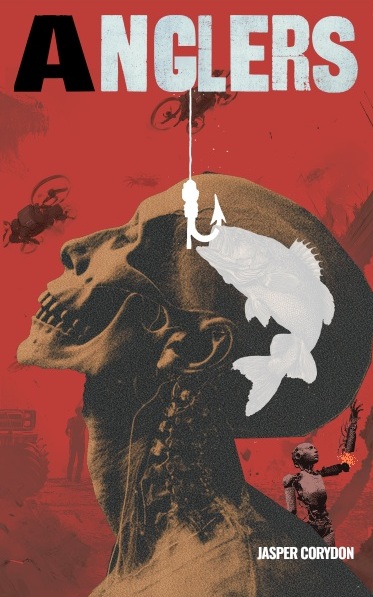 Cover design for Angler.  Features red background, with a light silhouette of a head, with a white fish where the brain should be.